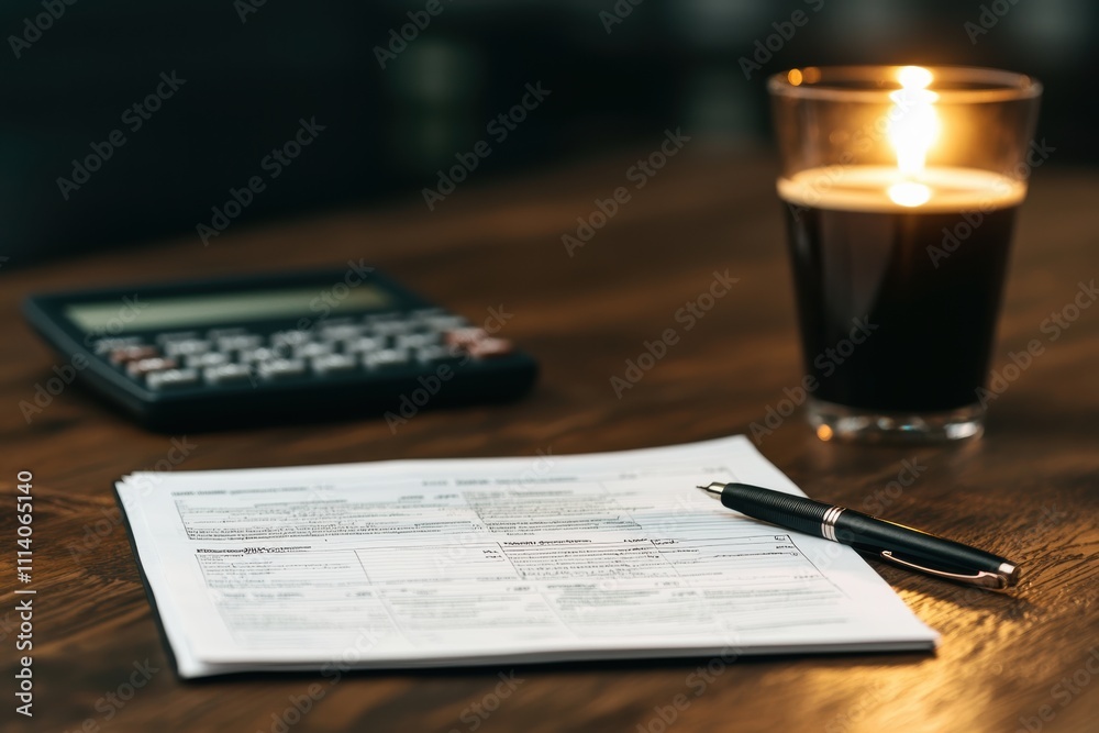 Poster accountant calculating tax form with calculator and pen in dim lighting