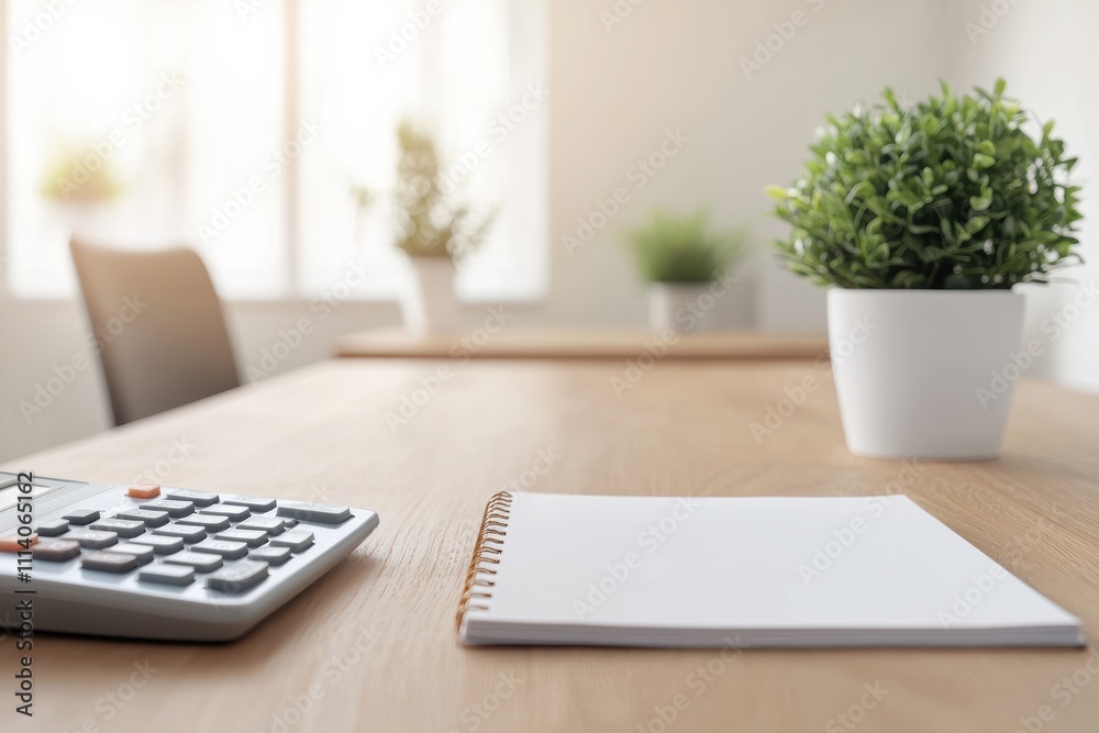 Poster Empty desk with calculator and blank notebook symbolizing expense management