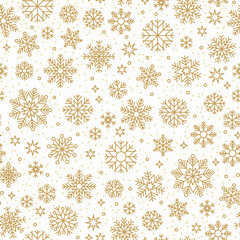 Christmas seamless pattern with winter snowflakes abstract background. Gold snowflakes. Stock Vector illustration. White background. Holiday design for Christmas and New Year fashion prints. 
