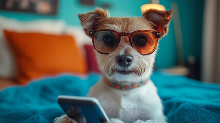Dog wearing sunglasses checks phone in cozy indoor setting with blue and orange decor. Generative AI