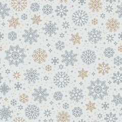 Winter snowflakes seamless pattern. Simple Christmas hand drawn gold snow print on gray background. New year geometric motifs texture for print, wrapping paper, design, fabric, gift. Stock 