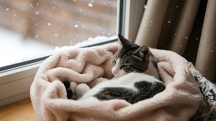 Cat Sleeping Peacefully in a Cozy Bed by the Window on a Rainy Day