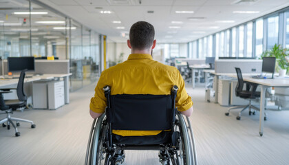 Disability wheelchair workplace diverse team concept. A person in a wheelchair facing an office space, symbolizing inclusivity and accessibility in the workplace.
