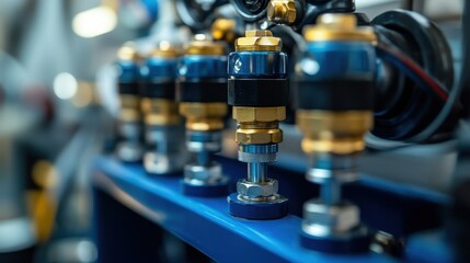 Close-up view of industrial pneumatic tools connected to a compressed air system, with hoses and valves visible. The setup showcases precision and technology in a manufacturing environment