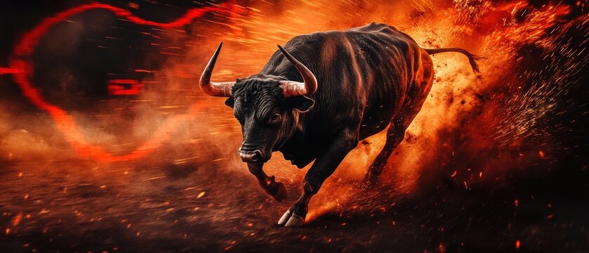Dynamic black bull charging through flames, symbolizing a bullish stock market trend. Illustrative backdrop of rising charts and financial growth indicators. - Powered by Adobe