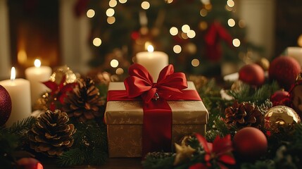 A gift with a red ribbon rests on a table amidst festive holiday decor