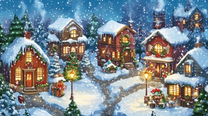 Fototapeta premium Snowy Christmas village background, charming village scene, decorated houses, glowing street lamps