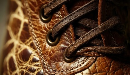 特製の茶色いレザー靴のアップ画像、繊細なステッチと光沢