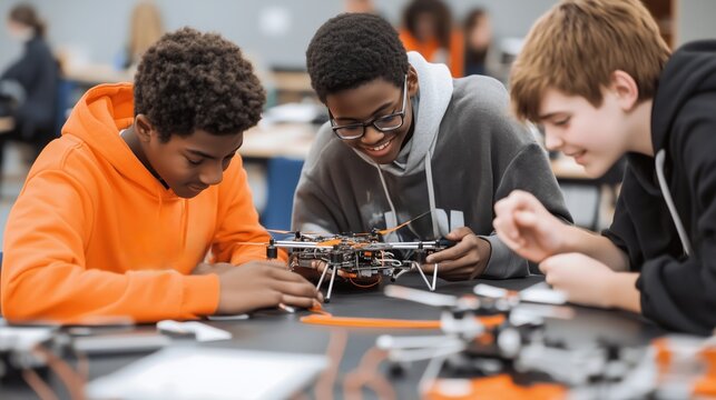Students engaged in hands-on drone building and programming in a modern classroom setting