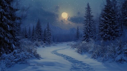 winter night landscape. snowy forest and fir branches.