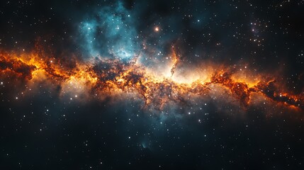 A vibrant view of a galaxy with colorful nebulae glowing around its spiral arms