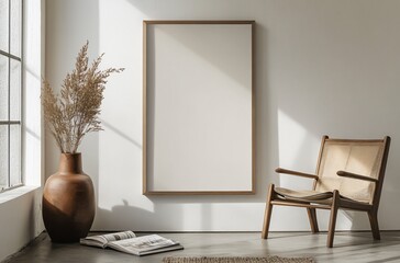 Blank decorative frame on the wall, a minimalist interior design element that enhances the elegance and flexibility of room decoration.