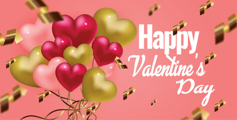 Festive, realistic heart-shaped balloons with gold spiral ribbons in a Valentine's Day pink background. Celebration banner design with a pink, gold and red balloon and flying confetti