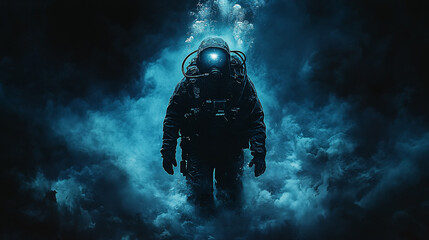 A mysterious astronaut emerges from swirling blue mist, encapsulating the essence of exploration and the unknown in a stunning cosmic atmosphere.