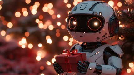 neon robot holding christmas present
