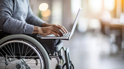 Fototapeta premium Disability wheelchair workplace diverse team concept. A person in a wheelchair uses a laptop, symbolizing accessibility and empowerment through technology in a modern workspace.