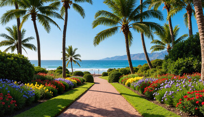 Fototapeta premium Tropical garden pathway leading to a stunning beach with palm trees