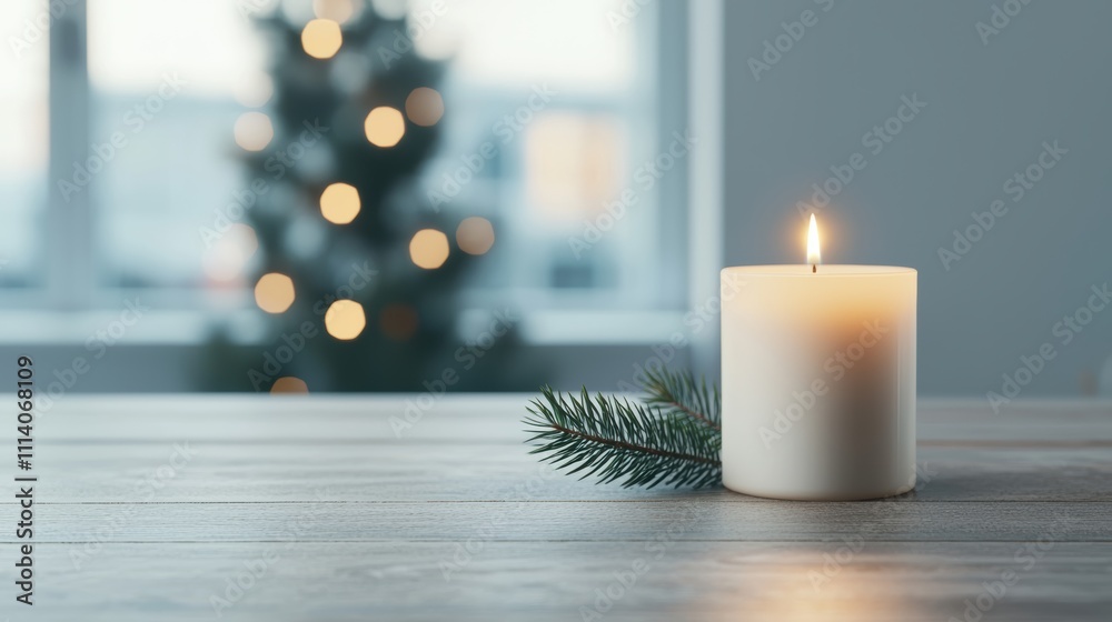Poster burning candle and pine branch creating cozy christmas atmosphere on table