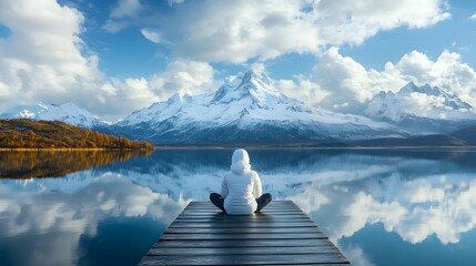Contemplative scene of person wearing white jacket seated on wooden pier, surrounded by snow-capped mountains reflected in pristine lake under cloudy sky.