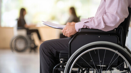 Obraz premium Disability wheelchair workplace diverse team concept. A person in a wheelchair holds documents, while two individuals engage in conversation in the background