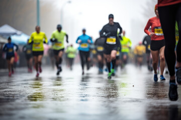 An anonymous crowd of sports people running marathon outdoors on rainy day