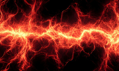 Fototapeta premium Fiery red electric plasma energy; abstract background texture with glowing, bright, hot fractal lightning.