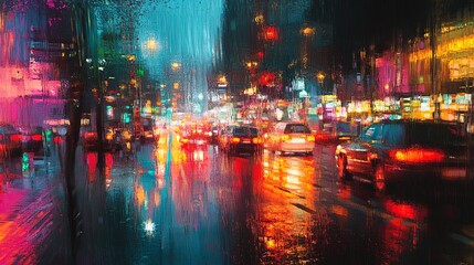 In a bustling metropolitan street, city lights are reflected by vibrant nighttime rain.