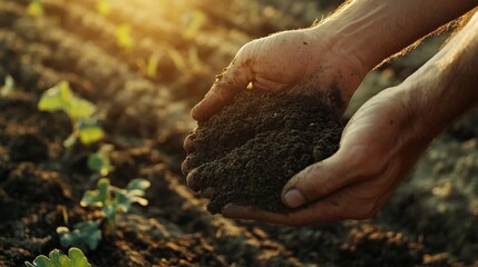 soil in the hands of the farmer. agriculture. close-up of farmers hands holding sun black soil in their hands, fertile land. garden field ground fertile concept. worker holding soil plowed field