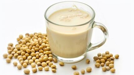 Soy milk with soybeans isolated on white background.