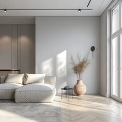 Aesthetic elegant minimalist modern interior design. Clear mock up empty wall for decoration in the apartment. Copy space in the room. Neutral palette of natural colors.