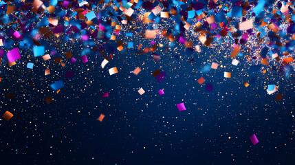 Colorful falling confetti with blurred blue background creating a festive and party atmosphere christmas and new year mood
