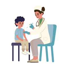 healthcare professional nurse in a white coat administering a vaccine to a seated child. The setting is clinical, with both appearing calm.