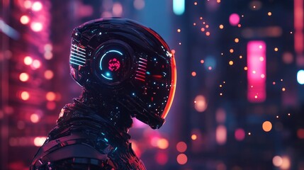Futuristic robotic figure in a neon-lit cityscape.AI Generated image