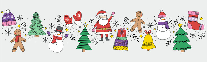 Colourful Christmas banner with hand drawn characters and ornaments. Vector illustration