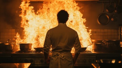 Kitchen fire incident restaurant photography indoor rear view culinary safety awareness