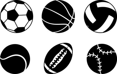 Obraz premium Black Sport Ball Icons. Vector Illustrations of Soccer, Basketball, Volleyball, Tennis and Baseball. American Football Ball
