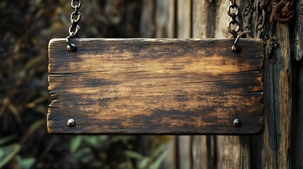 A vintage wooden signboard suspended by chains displays weathered texture and natural wood grain, creating a rustic aesthetic suitable for advertising in a traditional style.