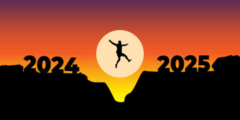 Vector illustration of man jumping from 2024 to 2025 hill cliff
