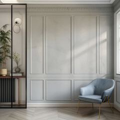 Aesthetic elegant minimalist modern interior design. Clear mock up empty wall for decoration in the apartment. Copy space in the room. Neutral palette of natural colors.