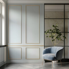 Aesthetic elegant minimalist modern interior design. Clear mock up empty wall for decoration in the apartment. Copy space in the room. Neutral palette of natural colors.