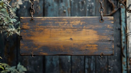 A vintage wooden signboard suspended by chains displays weathered texture and natural wood grain, creating a rustic aesthetic suitable&nbsp;for advertising in a traditional style.