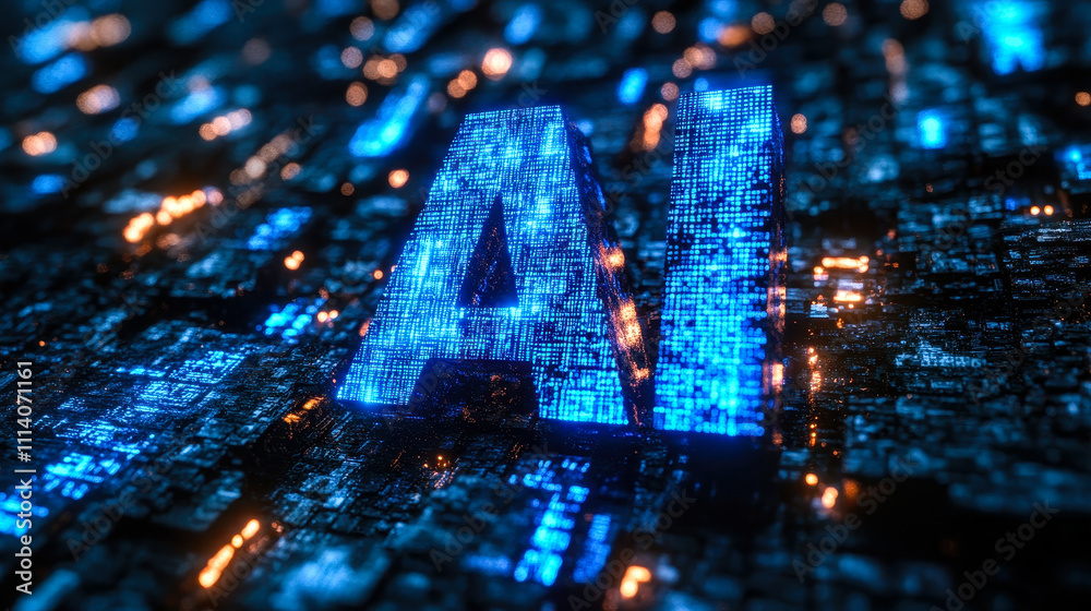 Poster digital binary code forming ai in blue matrix theme for artificial intelligence concept