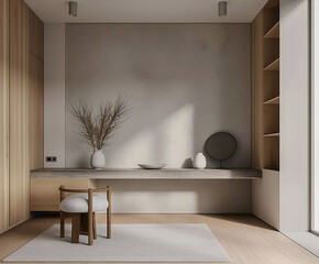 Aesthetic elegant minimalist modern interior design. Clear mock up empty wall for decoration in the apartment. Copy space in the room. Neutral palette of natural colors.