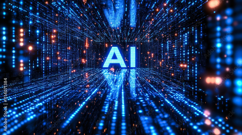 Poster digital blue matrix binary code forming ai letters representing artificial intelligence concept