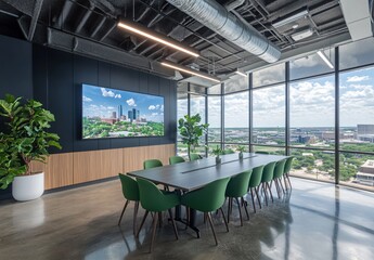 Modern office with a city skyline view, featuring a conference room, a large meeting table, and a TV screen for business strategy and financial planning discussions.