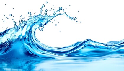 Fresh blue natural drink water wave wide panorama with bubbles concept isolated white background. Abstract natural drink water background