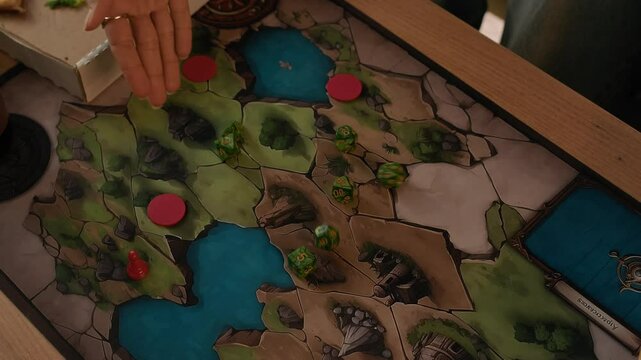 Top view closeup of unrecognizable hands moving round red gaming piece and rolling dice while playing boardgame together indoors