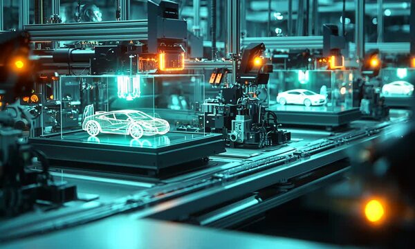 A futuristic manufacturing setup showcasing 3D printing technology in a high-tech environment.
