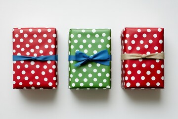 Fototapeta premium Three Christmas gifts wrapped in colorful red, green, and blue polka dot paper, isolated on white background, holiday gift giving concept
