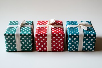Fototapeta premium Three Christmas gifts wrapped in colorful red, green, and blue polka dot paper, isolated on white background, holiday gift giving concept